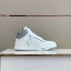 Dior High Top Leather Trainer Side Profile in white and grey Side profile view of white and grey high-top trainer on display surface