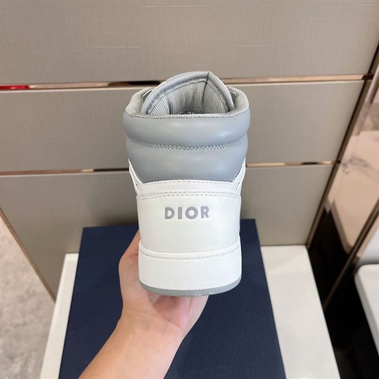 Dior High Top Leather Trainer Heel View in white and grey Rear heel view displaying padded grey collar and back brand lettering in white and grey