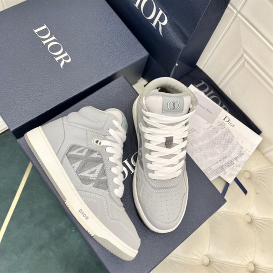 Dior B27 High-Top Grey Canvas Trainers - Pair Angle in grey and white Top-down pair view of Dior B27 high-top grey trainers resting on luxury shoe box in grey and white