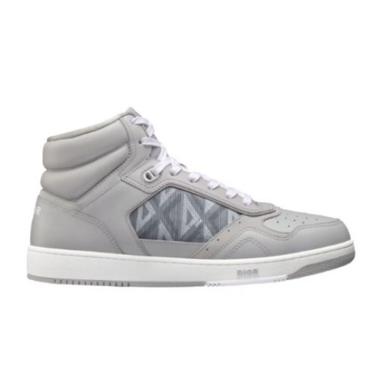 Dior B27 High-Top Grey Canvas Trainer - Lateral View in grey and white Lateral side profile view of Dior B27 high-top grey canvas trainer on plain backdrop in grey and white