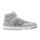 Dior B27 High-Top Grey Canvas Trainer - Side Profile in grey and white Side profile view of Dior B27 high-top grey canvas trainer showing patterned side panel and white rubber sole