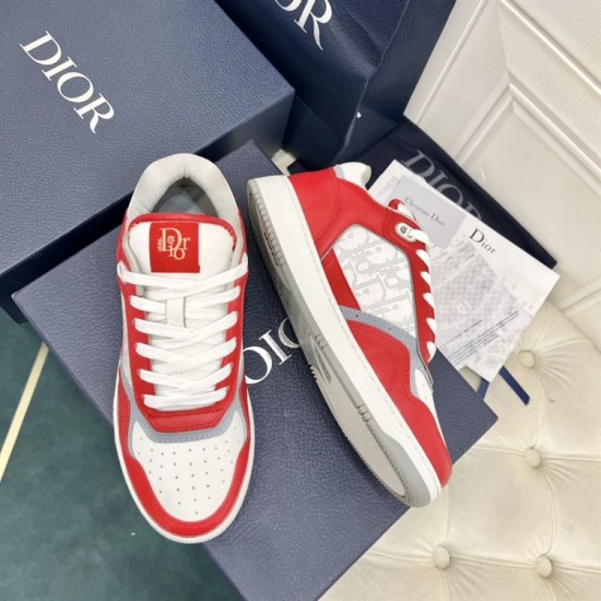 Angled top view of Dior B27 Red and White Leather Trainers showing front and lateral profile details