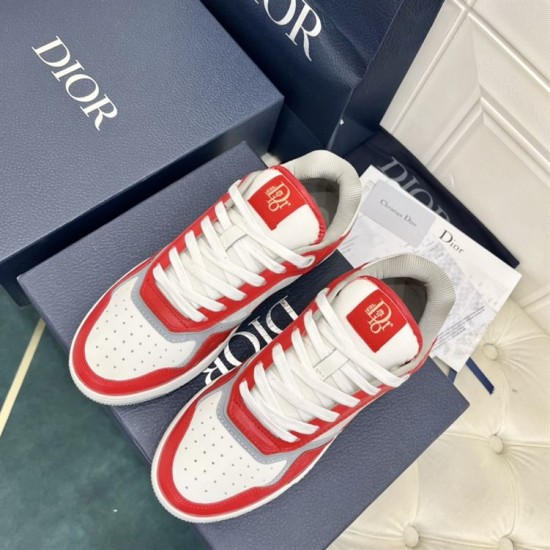Top-down view of Dior B27 Red and White Leather Trainers highlighting perforated toe boxes and laces
