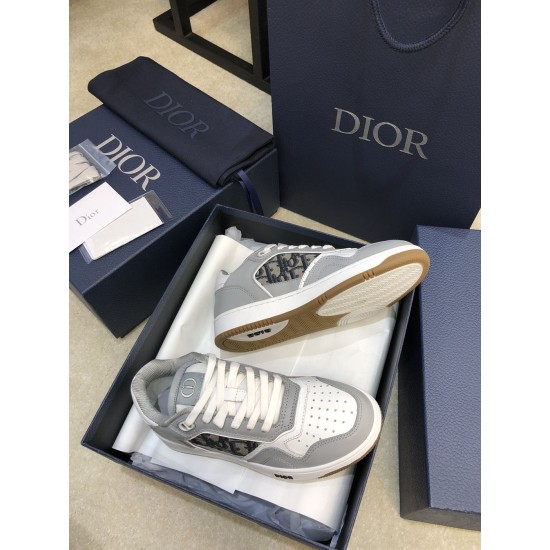 Dior B27 Low Top Grey White Canvas Low Top Trainers pair inside shoe box with underside view