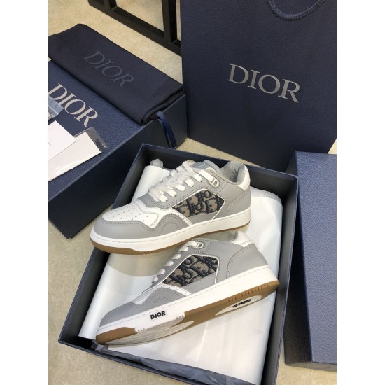 Dior B27 Low Top Grey White Canvas Low Top Trainers pair angled side view in box