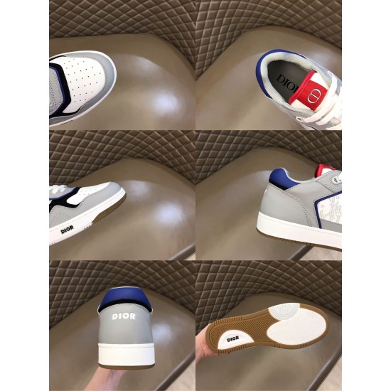 Dior B27 Low Top Grey White Canvas Trainer Detail Grid Multi-angle montage showcasing tongue logo, heel counter and sole of Dior B27 trainer in grey and white