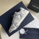 Side profile of Dior low-top paisley trainer resting on blue shoe box in white and navy