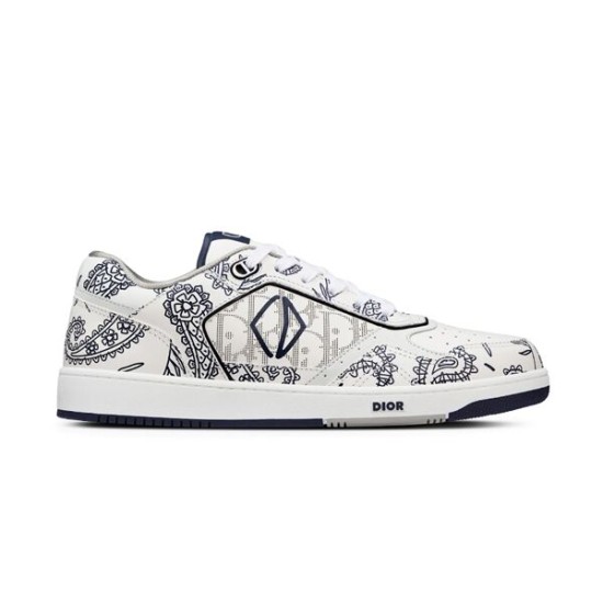 Dior B27 low-top white and navy paisley print trainer profile view