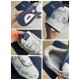 Collage displaying outsole, heel, tongue tag, and inner lining details of Dior trainers in white and navy