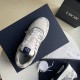Top-down view of single Dior white and navy paisley trainer on shoe box