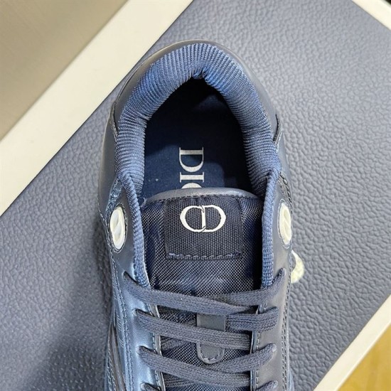 Dior B27 Low-Top Navy Blue Leather Trainer Tongue Detail Close-up of Dior B27 Low-Top Navy Blue Leather Trainer collar and padded tongue