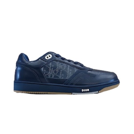 Dior B27 Low-Top Navy Blue Leather Trainers Side View Dior B27 Low-Top Navy Blue Leather Trainers side profile view