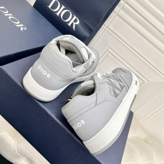 Rear view showing the grey leather heels embossed with Dior lettering in grey and white
