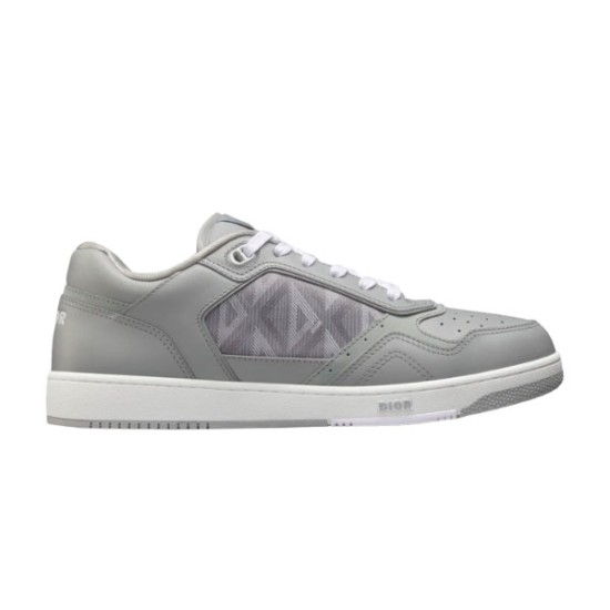 Dior B27 low top grey canvas and leather trainer profile view on a white background