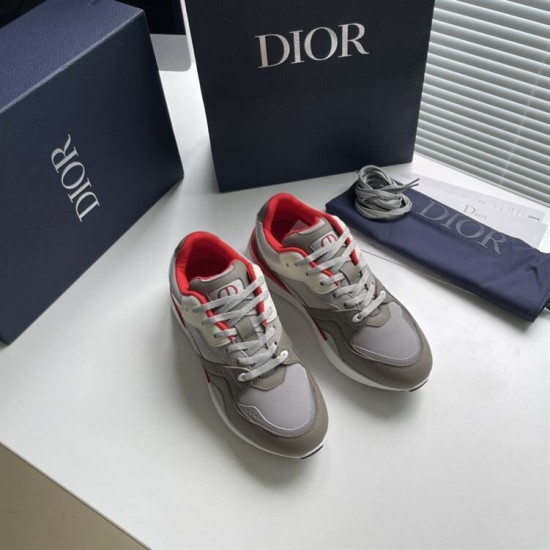 Dior B29 Grey And Red Low Top Trainers Set View Dior B29 Grey And Red Low Top Trainers pair presented with dust bag and box