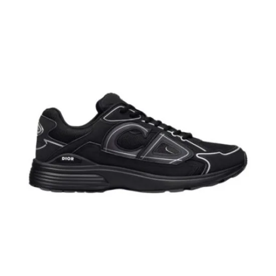 Full lateral side view of Dior B30 black mesh trainer on a plain white background