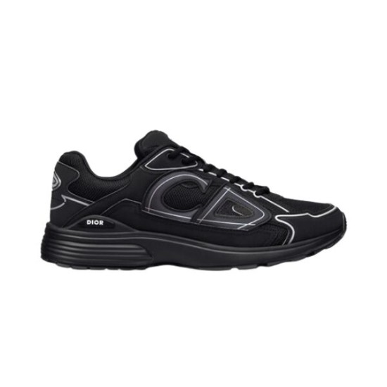 Side profile view of Dior B30 black mesh low top trainers with reflective trim