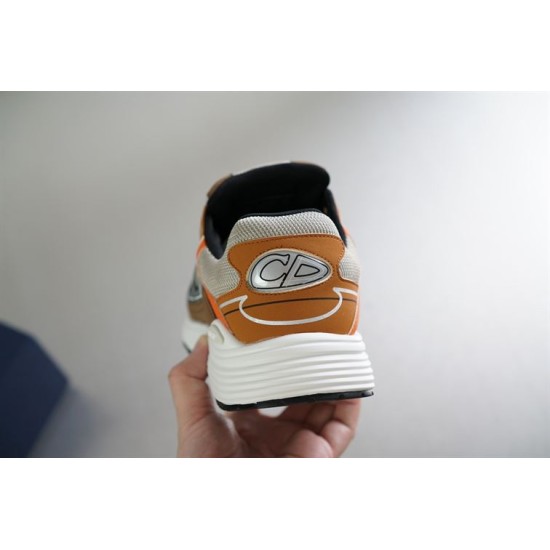 Dior B30 Heel View in beige and orange Rear heel view of Dior B30 trainer with metallic logo emblem in beige and orange