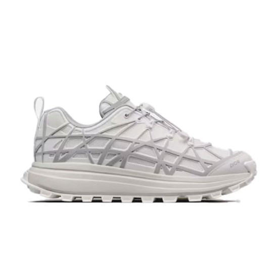 Dior B31 Runner Low Top Trainers In White Grey Side View Profile view of Dior B31 Runner Low Top Trainers in white grey showing geometric cage overlay and cleated sole