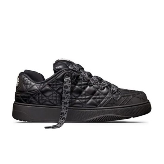 Dior B9S Black Quilted Leather Low Top Trainer Lateral View Lateral side view of black Dior B9S low top trainer displaying textured midsole and quilted upper.
