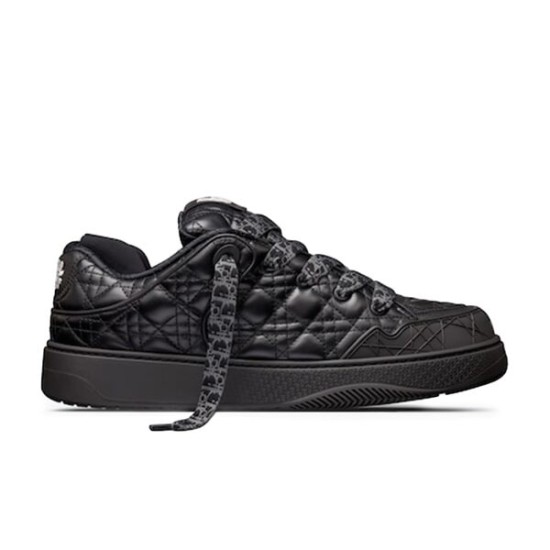 Dior B9S Black Quilted Leather Low Top Trainer Side View Side profile of Dior B9S black quilted leather low top trainer featuring thick patterned laces.