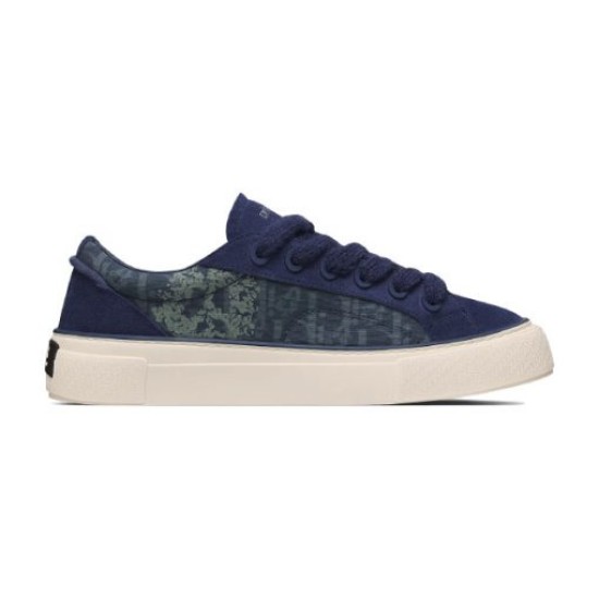 Dior Tears B33 Navy Blue Trainer Profile View in navy blue and cream Profile view of Dior Tears B33 navy blue trainer against plain background in navy blue and cream