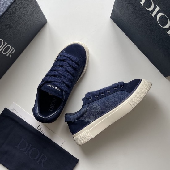 Dior Tears B33 Navy Blue Trainers Top View in navy blue and cream Top-down view of navy blue Dior Tears B33 trainers showing embroidered tongue branding in navy blue and cream