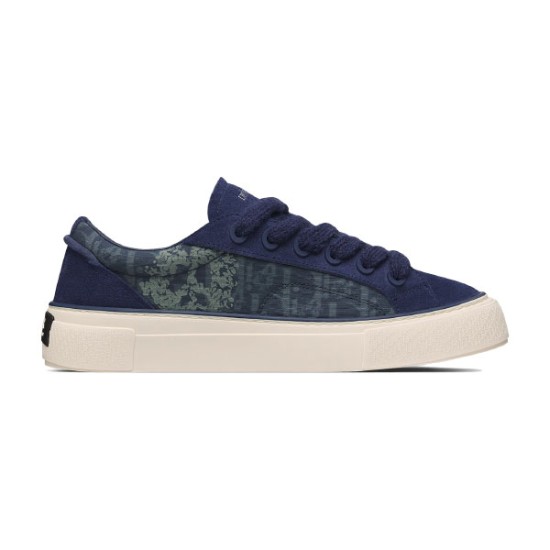 Dior Tears B33 Navy Blue Trainer Side Profile in navy blue and cream Side view of Dior Tears B33 navy blue low top trainer featuring cream sole and jacquard side panel