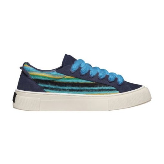 Dior B33 Blue Trainer Lateral Profile Lateral view of Dior B33 blue trainer with off-white midsole and bright blue laces