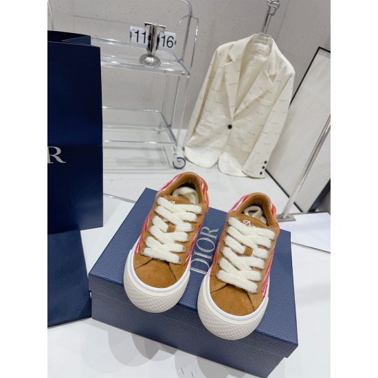 Dior B33 Trainers Front View in brown and red Front top-down view of Dior B33 Striped Canvas And Suede Low Top Trainers showcasing thick laces in brown and red