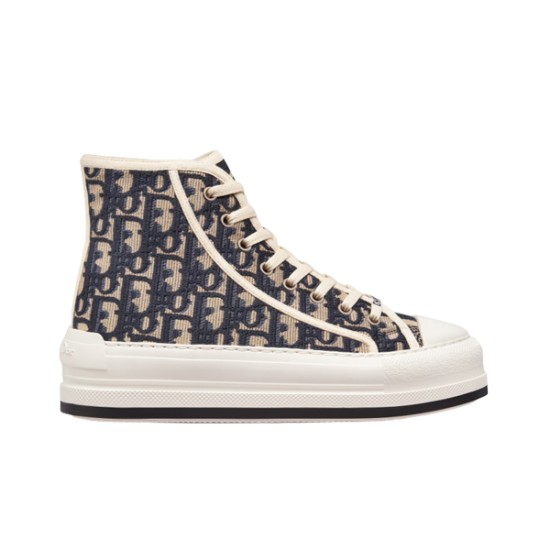Dior Walk'n'dior High-Top Platform Trainers Side View in blue and beige Dior Walk'n'dior High-Top Platform Trainers side profile view in blue and beige Oblique canvas
