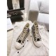 Dior Walk'n'dior High-Top Platform Trainers Top View in blue and beige Pair of Dior Walk'n'dior High-Top Platform Trainers viewed from above showing laces and branded signature in blue and beige