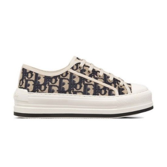 Full lateral side view of Dior Walk'n'dior platform trainer in navy blue canvas