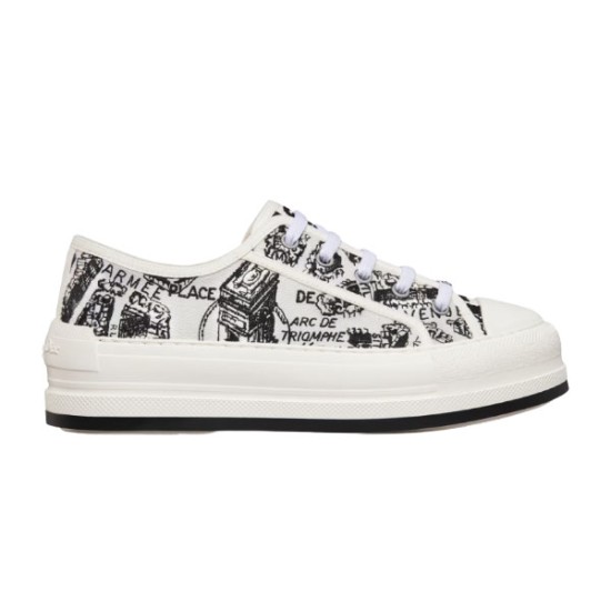 Side profile of Dior Walk'n'dior platform low-top trainers in white and black printed canvas