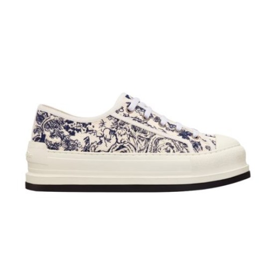 Dior Walk'n'dior Platform Trainer Lateral View in cream and navy Side profile of cream and navy embroidered Dior Walk'n'dior Platform Trainer