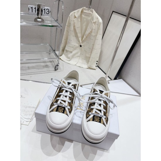 Dior Beige Floral Pattern Platform Trainers - Top Front View Frontal top-down view of Dior beige floral pattern lace-up platform trainers