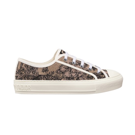 Dior Beige Floral Pattern Platform Low Top Trainer - Side View Side profile view of Dior beige floral pattern platform canvas low top trainer