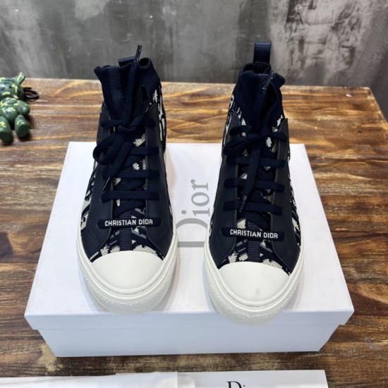 Frontal view of Dior Walk'n'Dior dark blue oblique trainers showing white toe caps