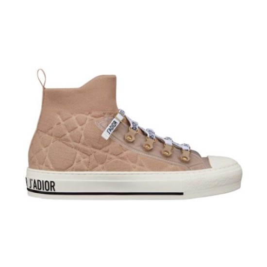 Clean lateral view of Dior Walk'n'Dior high-top knit pink trainer against a plain white background