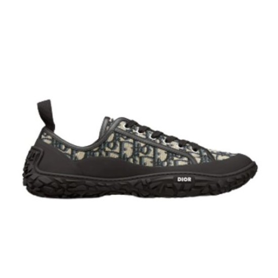 Dior Diorizon Low Top Oblique Jacquard Trainers Studio View in beige and black Studio lateral profile of beige and black Dior Diorizon Low Top Oblique Jacquard Trainers