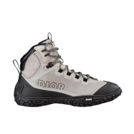 Studio Profile View in grey and black Studio profile view of grey technical mesh hiking boot with black rubber sole
