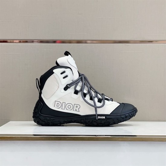 High-Top Hiking Boot Side Profile in grey and black Lateral side view of grey and black high-top hiking boot on white display surface