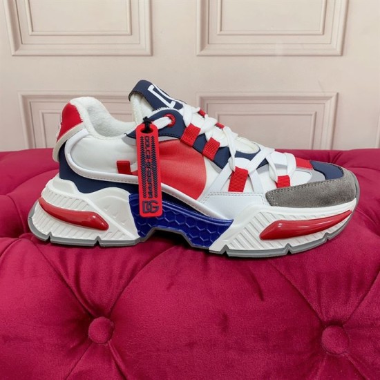 Dolce & Gabbana Airmaster Multicolour Low Top Trainer Medial Profile in multicolour and white Medial side view of Dolce & Gabbana Airmaster Multicolour Low Top Trainer highlighting blue sculpted sole element in multicolour and white