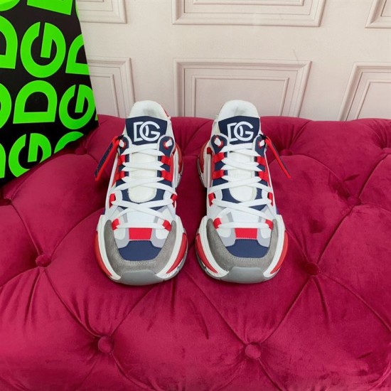 Dolce & Gabbana Airmaster Multicolour Low Top Trainers Front View in multicolour and white Front view of Dolce & Gabbana Airmaster Multicolour Low Top Trainers highlighting laces and DG tongue patches in multicolour and white