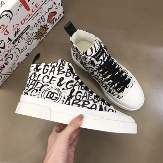 Pair of white and black Dolce & Gabbana Portofino Light Canvas Logo Print Mid-Top Trainers viewed from above