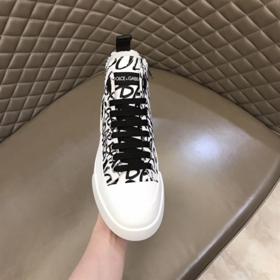 Front view of Dolce & Gabbana Portofino Light Canvas Logo Print Mid-Top Trainer showing black laces and white toe cap