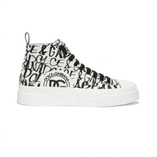 Full lateral view of white and black Dolce & Gabbana Portofino Light Canvas Logo Print Mid-Top Trainers against a white backdrop