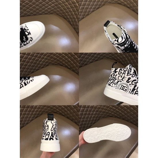 Six-panel collage showcasing close-up details, sole design, insole logo, and heel pull tab of Dolce & Gabbana Portofino Light Canvas Logo Print Mid-Top Trainers in white and black