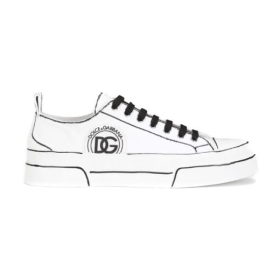Profile shot of white Dolce & Gabbana Portofino Light hand-painted canvas trainer in white and black