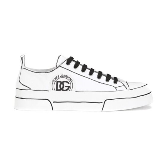 Dolce & Gabbana Portofino Light hand-painted white canvas low-top trainer side profile with black outlines